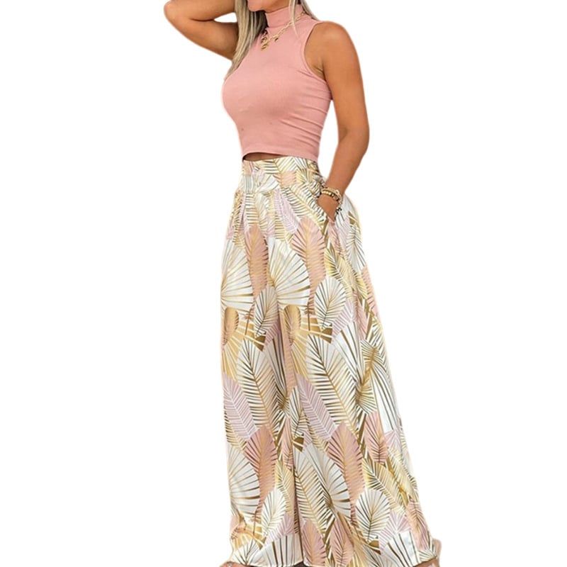 Двусъставен дамски безръкав комплект с принт, полиестер/спандекс, 90–95% полиестер, стил елегантен градски, есен 2023