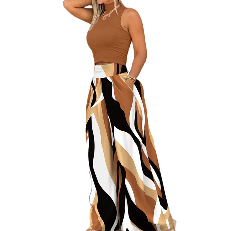 Двусъставен дамски безръкав комплект с принт, полиестер/спандекс, 90–95% полиестер, стил елегантен градски, есен 2023