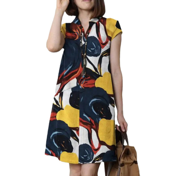 Γυναικείο midi φόρεμα με γιακά τύπου λαπέλ, κοντά μανίκια, βαμβακερό ύφασμα 95%+, στυλ εργασίας