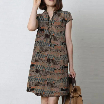 Γυναικείο midi φόρεμα με γιακά τύπου λαπέλ, κοντά μανίκια, βαμβακερό ύφασμα 95%+, στυλ εργασίας