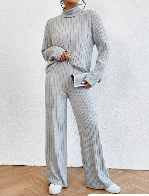 Ženski dvodjelni kućni set: visok ovratnik, dugi rukavi, patch ukrasi, široke hlače, poliester tkanina (90–95% poliester), street stil
