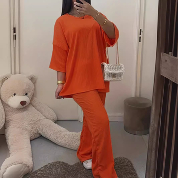 Костюм дамски в голям размер за ежедневието: топ с 3/4 ръкав, панталони и дълга пола, памук-коприна тъкан, полиестер над 95%, есен 2023, стил японско-корейски