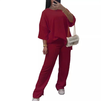 Костюм дамски в голям размер за ежедневието: топ с 3/4 ръкав, панталони и дълга пола, памук-коприна тъкан, полиестер над 95%, есен 2023, стил японско-корейски