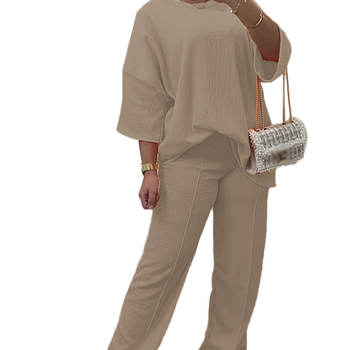 Костюм дамски в голям размер за ежедневието: топ с 3/4 ръкав, панталони и дълга пола, памук-коприна тъкан, полиестер над 95%, есен 2023, стил японско-корейски