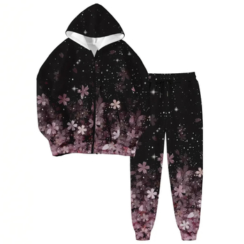 Γυναικείος σετ φούτερ με κουκούλα και φερμουάρ, 3D σχέδιο εκτύπωσης, πολυεστέρας, μακριές μανίκια, άνοιξη 2024