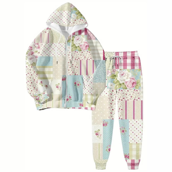 Γυναικείος σετ φούτερ με κουκούλα και φερμουάρ, 3D σχέδιο εκτύπωσης, πολυεστέρας, μακριές μανίκια, άνοιξη 2024