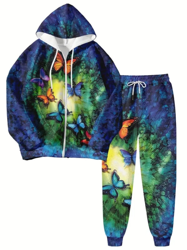 Дамски комплект с качулка и цип, суитшърт с 3D принт, полиестер, дълги ръкави, пролет 2024