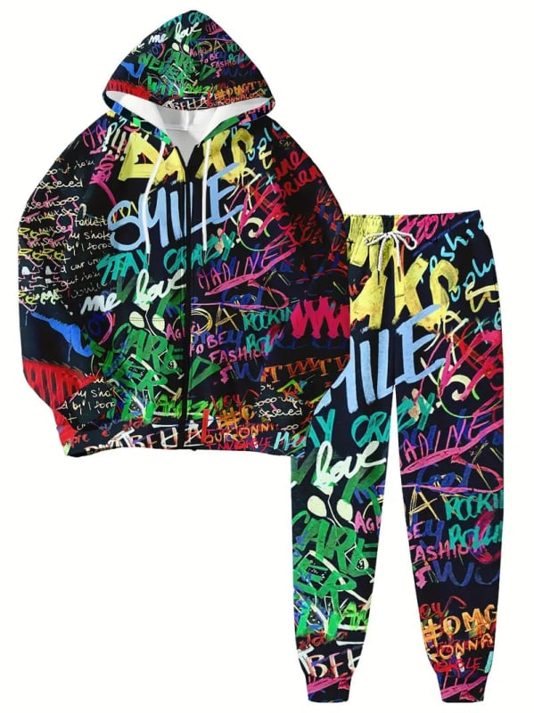 Дамски комплект с качулка и цип, суитшърт с 3D принт, полиестер, дълги ръкави, пролет 2024