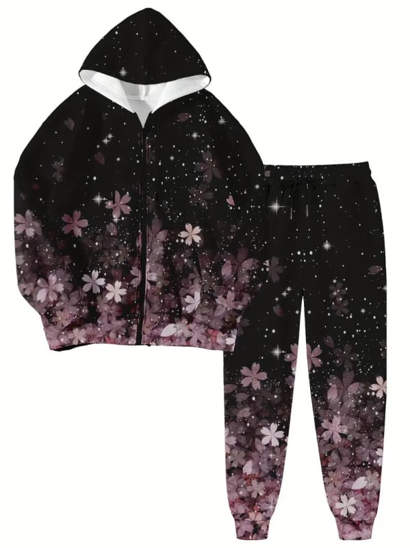 Дамски комплект с качулка и цип, суитшърт с 3D принт, полиестер, дълги ръкави, пролет 2024