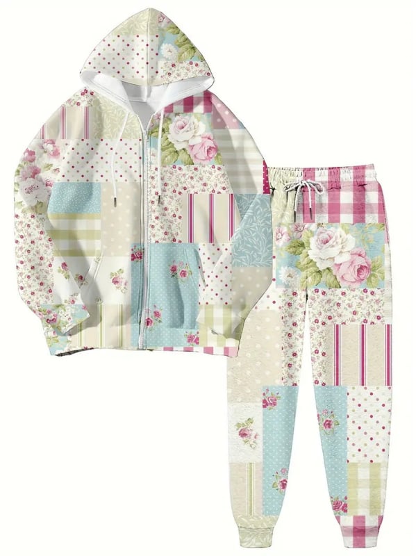 Дамски комплект с качулка и цип, суитшърт с 3D принт, полиестер, дълги ръкави, пролет 2024