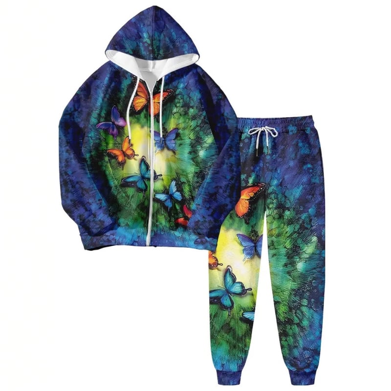 Дамски комплект с качулка и цип, суитшърт с 3D принт, полиестер, дълги ръкави, пролет 2024