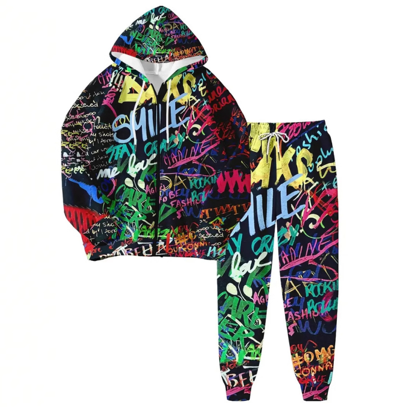 Дамски комплект с качулка и цип, суитшърт с 3D принт, полиестер, дълги ръкави, пролет 2024