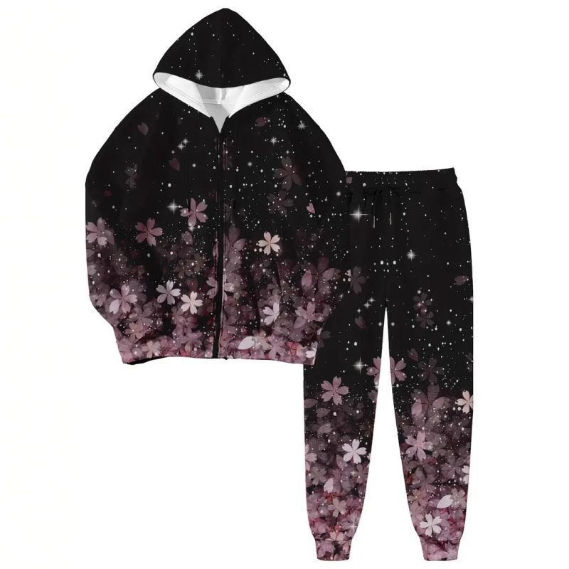 Дамски комплект с качулка и цип, суитшърт с 3D принт, полиестер, дълги ръкави, пролет 2024