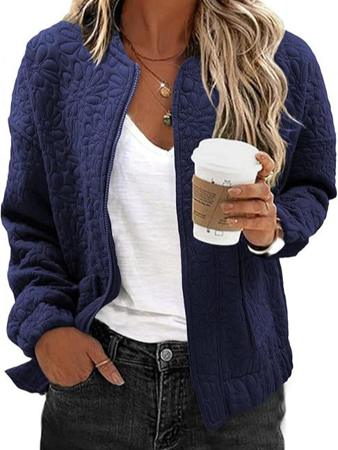 Γυναικείο ζακάρ καθημερινό τζάκετ με τσέπες, φερμουάρ, χαλαρή γραμμή, μακριά μανίκια, κανονικό μήκος