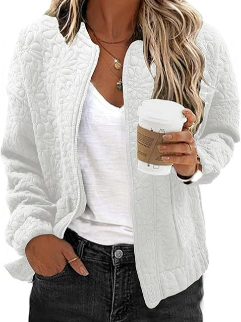 Γυναικείο ζακάρ καθημερινό τζάκετ με τσέπες, φερμουάρ, χαλαρή γραμμή, μακριά μανίκια, κανονικό μήκος