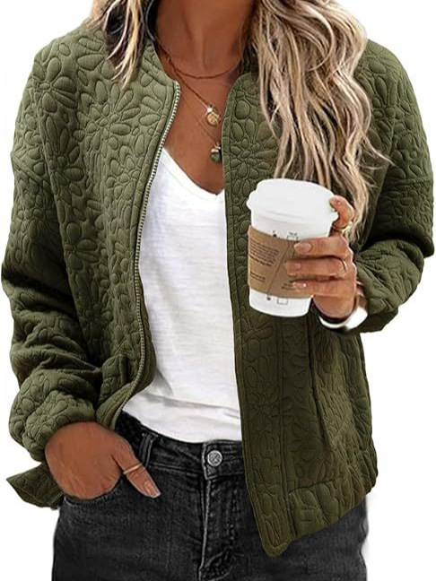 Γυναικείο ζακάρ καθημερινό τζάκετ με τσέπες, φερμουάρ, χαλαρή γραμμή, μακριά μανίκια, κανονικό μήκος