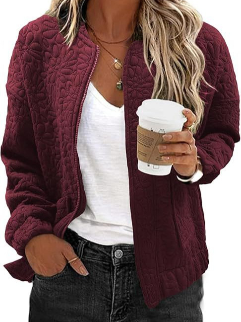 Γυναικείο ζακάρ καθημερινό τζάκετ με τσέπες, φερμουάρ, χαλαρή γραμμή, μακριά μανίκια, κανονικό μήκος