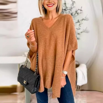 Pulover tricotat pentru femei, mâneci tip aripă, decolteu în V, croială lejeră, lungime medie, din fibră de viscoză