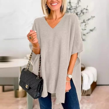 Pulover tricotat pentru femei, mâneci tip aripă, decolteu în V, croială lejeră, lungime medie, din fibră de viscoză