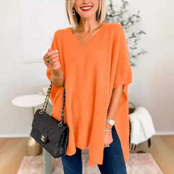 Pulover tricotat pentru femei, mâneci tip aripă, decolteu în V, croială lejeră, lungime medie, din fibră de viscoză