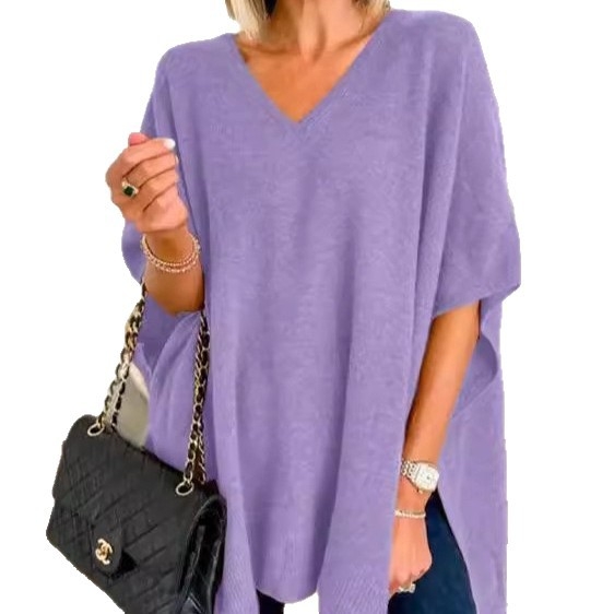 Pulover tricotat pentru femei, mâneci tip aripă, decolteu în V, croială lejeră, lungime medie, din fibră de viscoză