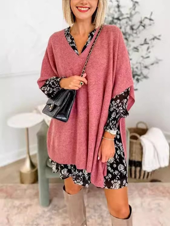 Pulover tricotat pentru femei, mâneci tip aripă, decolteu în V, croială lejeră, lungime medie, din fibră de viscoză