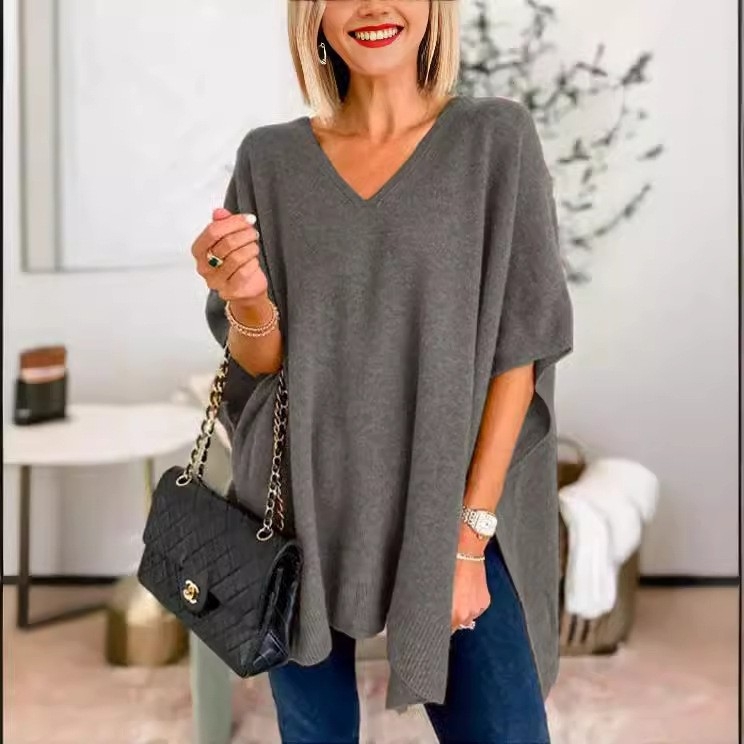 Pulover tricotat pentru femei, mâneci tip aripă, decolteu în V, croială lejeră, lungime medie, din fibră de viscoză