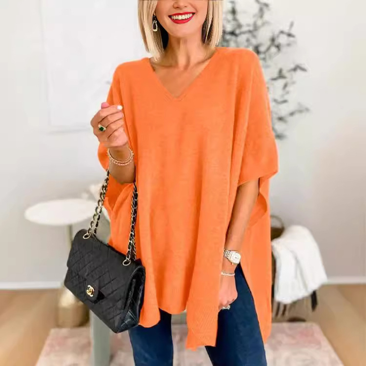 Pulover tricotat pentru femei, mâneci tip aripă, decolteu în V, croială lejeră, lungime medie, din fibră de viscoză