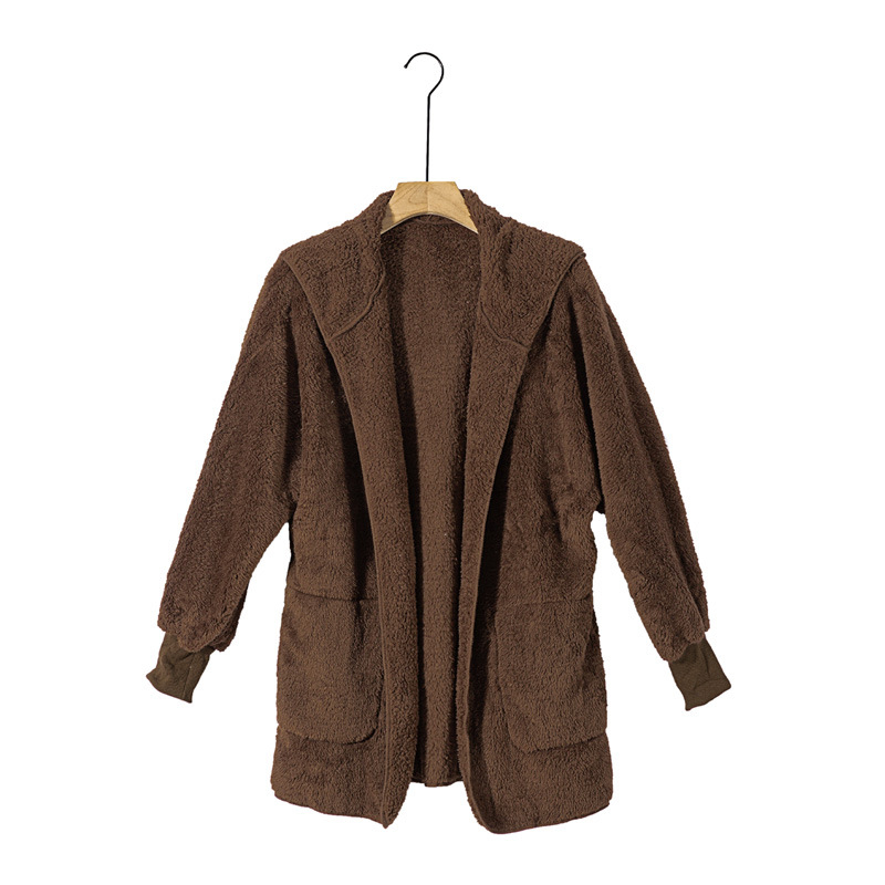 Γυναικείο tweed παλτό-καρντάγκαν με κουκούλα — Μείξη πολυεστέρα και μαλλιού, μονόχρωμο, μακριές μανίκες, στενή γραμμή