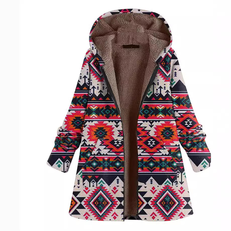 Γυναικείο βαμβακερό παλτό μεσαίου μήκους, κέντημα, φερμουάρ, γιακά U-σχήματος, παχύ για ζεστασιά