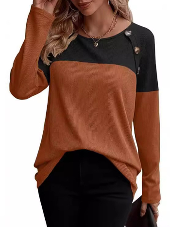 Γυναικεία πλεκτή μακρυμάνικη μπλούζα με χρωματικό μπλοκ, λεπτομέρειες κουμπιών, στρογγυλή λαιμόκοψη, άνετη γραμμή (υλικό: πολυεστέρας-ελαστάν)