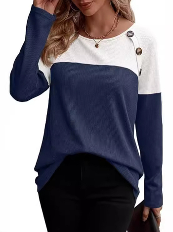 Γυναικεία πλεκτή μακρυμάνικη μπλούζα με χρωματικό μπλοκ, λεπτομέρειες κουμπιών, στρογγυλή λαιμόκοψη, άνετη γραμμή (υλικό: πολυεστέρας-ελαστάν)