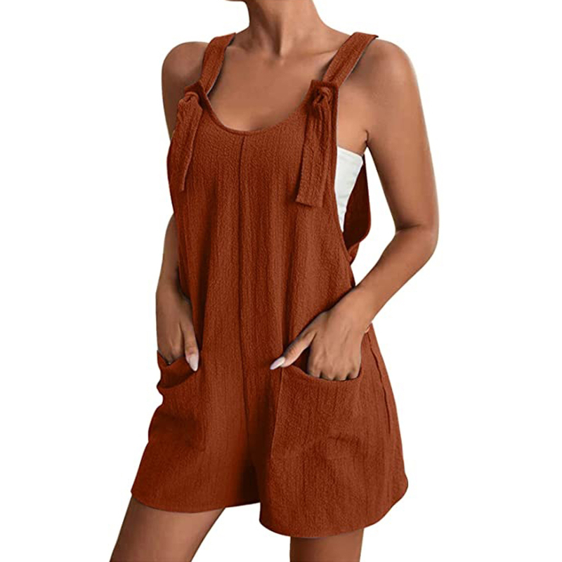 Salopetă damă cu bretele, fără mâneci, bumbac, talie medie, pantaloni scurți evazați