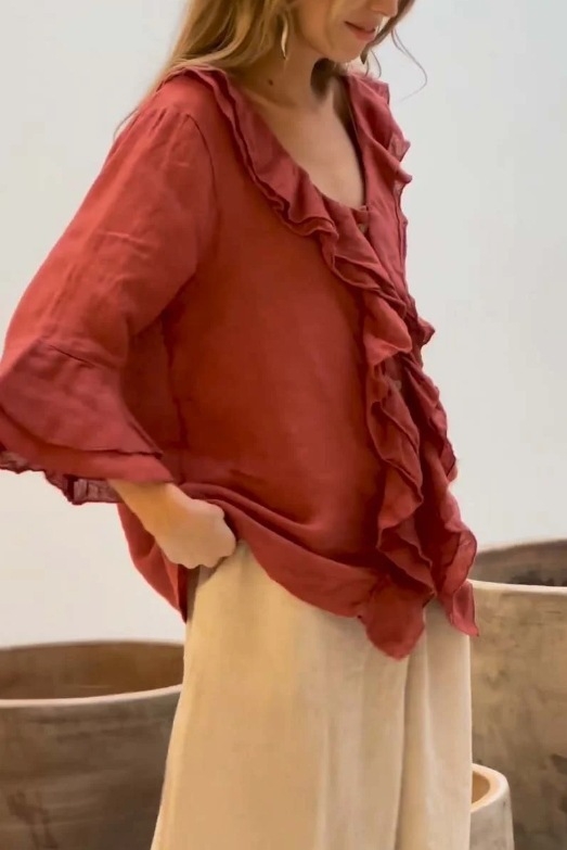 Блуза от полиестер и спандекс, едноцветна, три четвърти ръкав с летящи ръкави, яка с лист от лотус, свободна кройка, нормална дължина