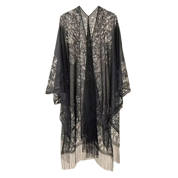 Čipkasti šal-kardigan u kineskom stilu, poliester, monohromatski uzorak, produženi kroj