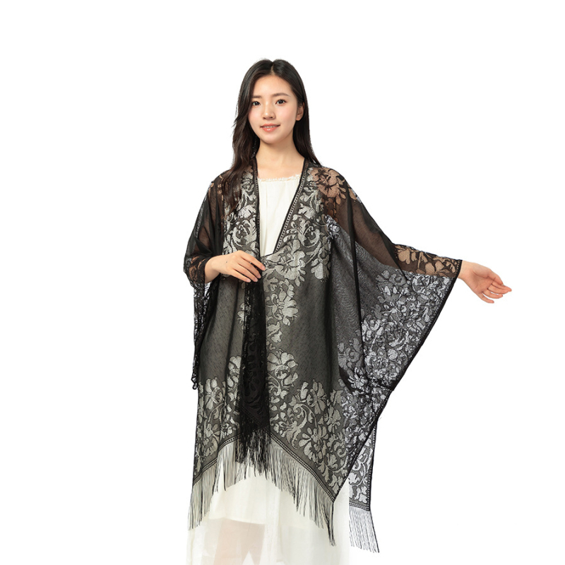 Čipkasti šal-kardigan u kineskom stilu, poliester, monohromatski uzorak, produženi kroj