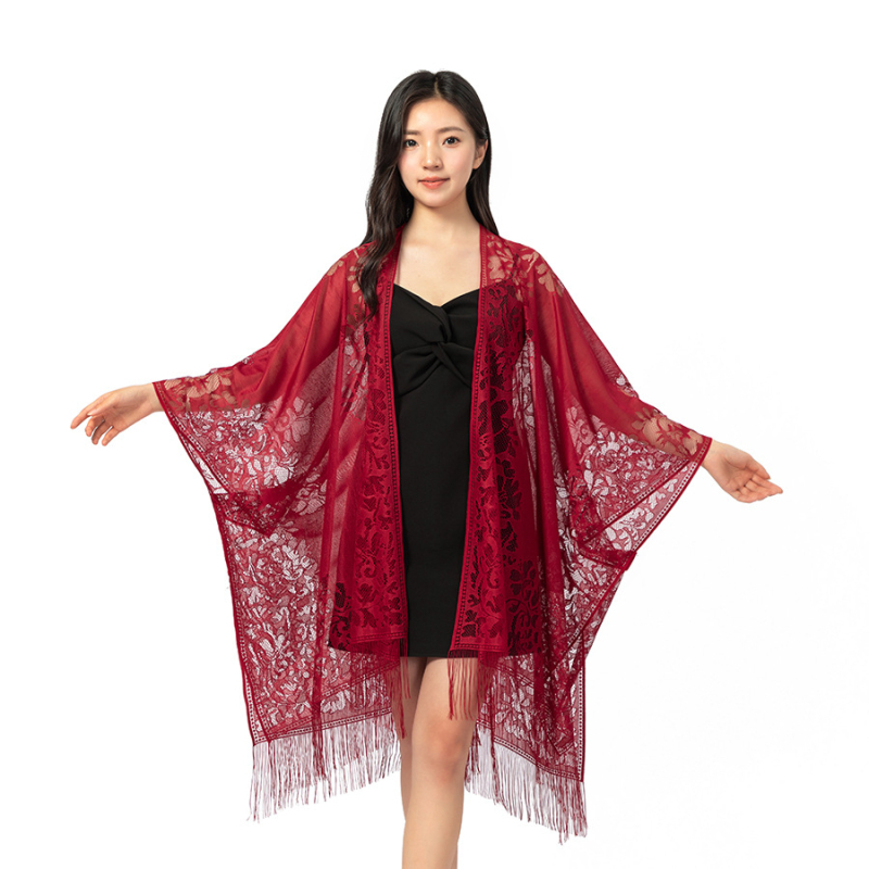 Čipkasti šal-kardigan u kineskom stilu, poliester, monohromatski uzorak, produženi kroj