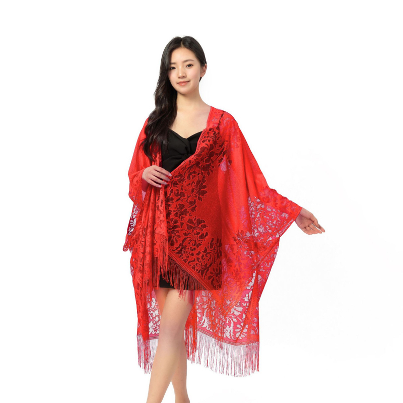 Čipkasti šal-kardigan u kineskom stilu, poliester, monohromatski uzorak, produženi kroj