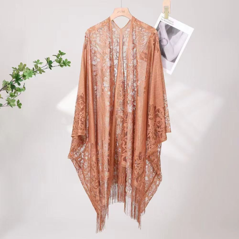 Čipkasti šal-kardigan u kineskom stilu, poliester, monohromatski uzorak, produženi kroj