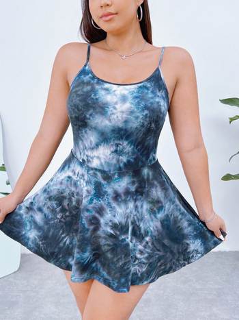 Φόρεμα σε στυλ sling, χωρίς μανίκια, με λαιμό U-σχήματος, φούστα με πιέτες σε φύλλο λωτού, ύφασμα πολυεστέρα-σπαντέξ 90–95%