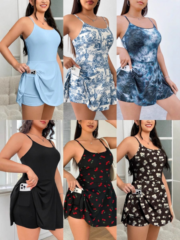 Rochie fără mâneci, în stil sling, guler în formă de U, fustă plisată tip frunză de lotus, poliester/spandex 90–95%