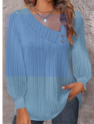 Cămașă de damă cu mânecă lungă, decolteu în V, nasturi în față, amestec poliester-spandex, stil urban, inspirație cardigan, finisaj crinkle