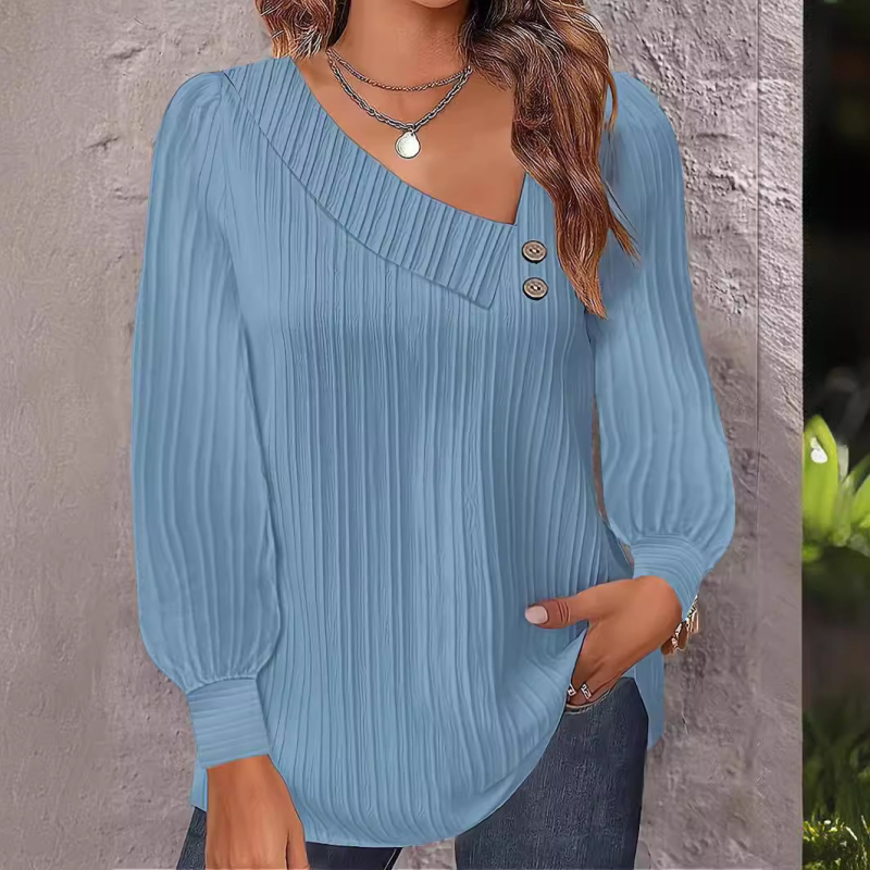 Cămașă de damă cu mânecă lungă, decolteu în V, nasturi în față, amestec poliester-spandex, stil urban, inspirație cardigan, finisaj crinkle