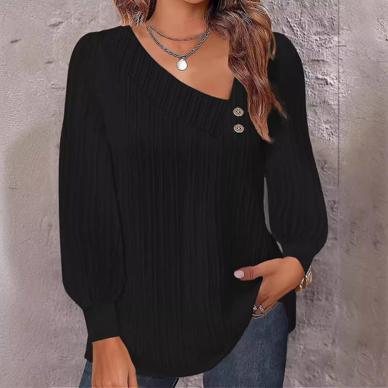 Cămașă de damă cu mânecă lungă, decolteu în V, nasturi în față, amestec poliester-spandex, stil urban, inspirație cardigan, finisaj crinkle