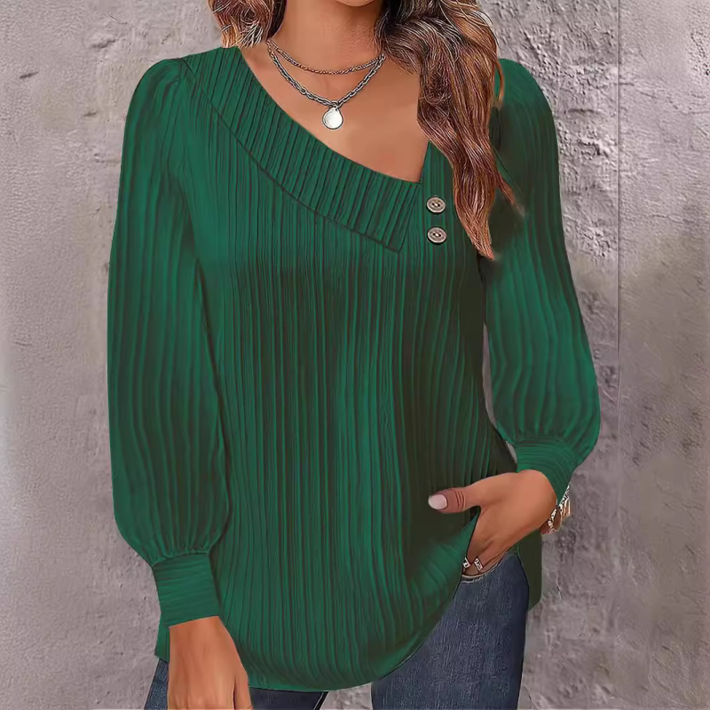 Cămașă de damă cu mânecă lungă, decolteu în V, nasturi în față, amestec poliester-spandex, stil urban, inspirație cardigan, finisaj crinkle