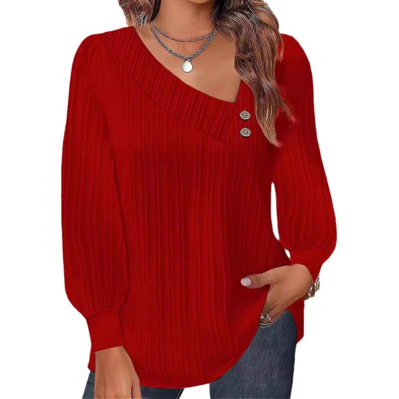 Cămașă de damă cu mânecă lungă, decolteu în V, nasturi în față, amestec poliester-spandex, stil urban, inspirație cardigan, finisaj crinkle