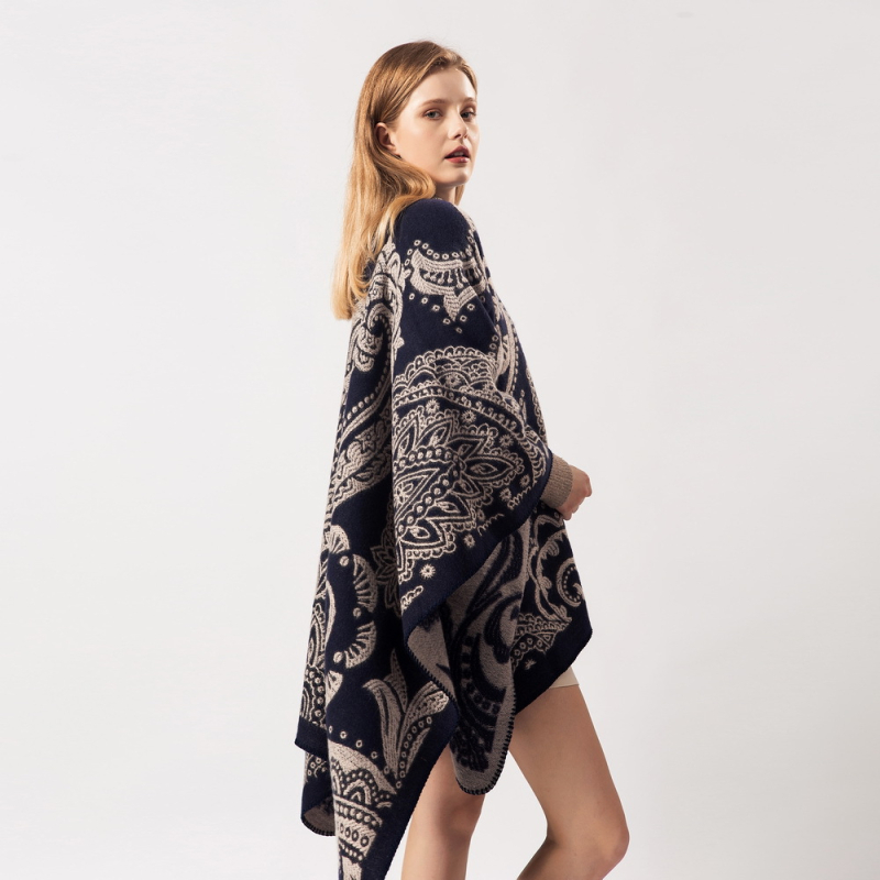 Unisex šalle-pelerīna no imitētā kašmīra, jacquard ziedu raksts, silts visām sezonām