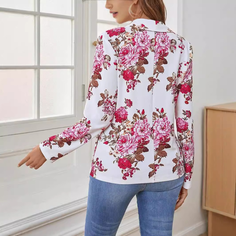 Sievietes žakete ar 3D augu motīvu drukāšanu, brīvs piegriezums, garas piedurknes, parastā garums, poliesters