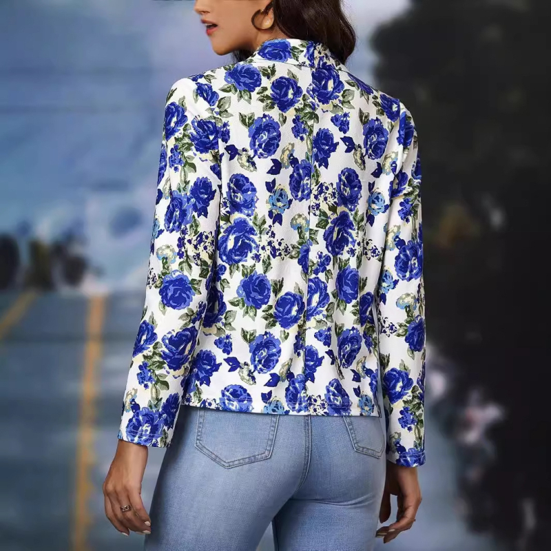Sievietes žakete ar 3D augu motīvu drukāšanu, brīvs piegriezums, garas piedurknes, parastā garums, poliesters