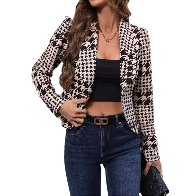 Sievietes žakete ar 3D augu motīvu drukāšanu, brīvs piegriezums, garas piedurknes, parastā garums, poliesters